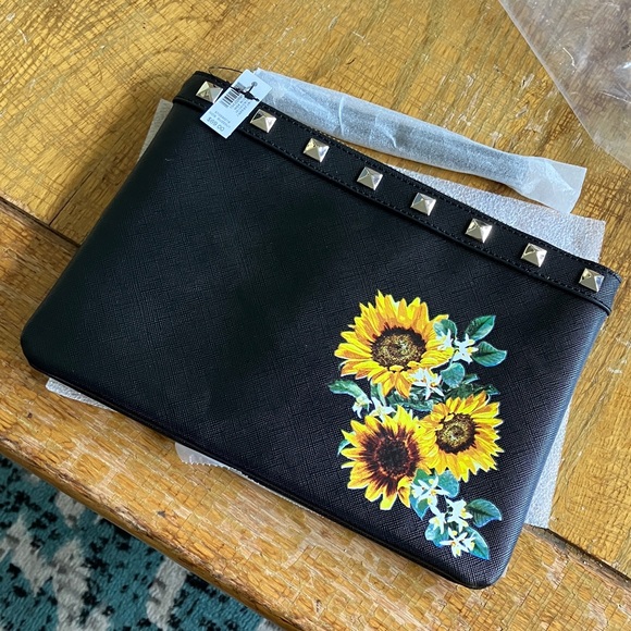 Handbags - Black Studded Clutch with Sunflower Design